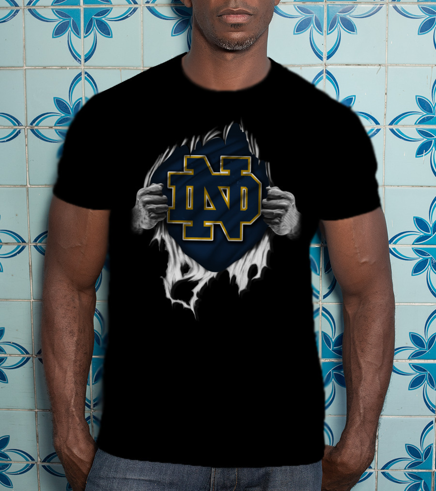 Torn Notre Dame Fighting Irish ND Logo Peeking Through Ripped Fabric With Hands T-Shirt