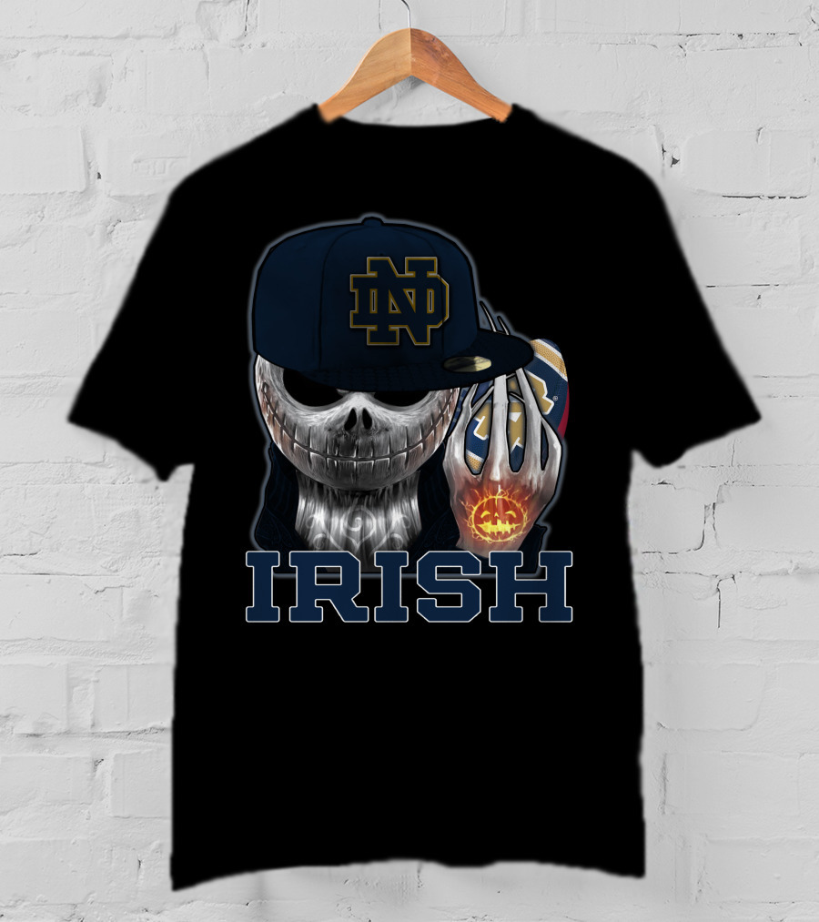 Notre Dame ND Irish Jackskull Pumpkin Football T-Shirt