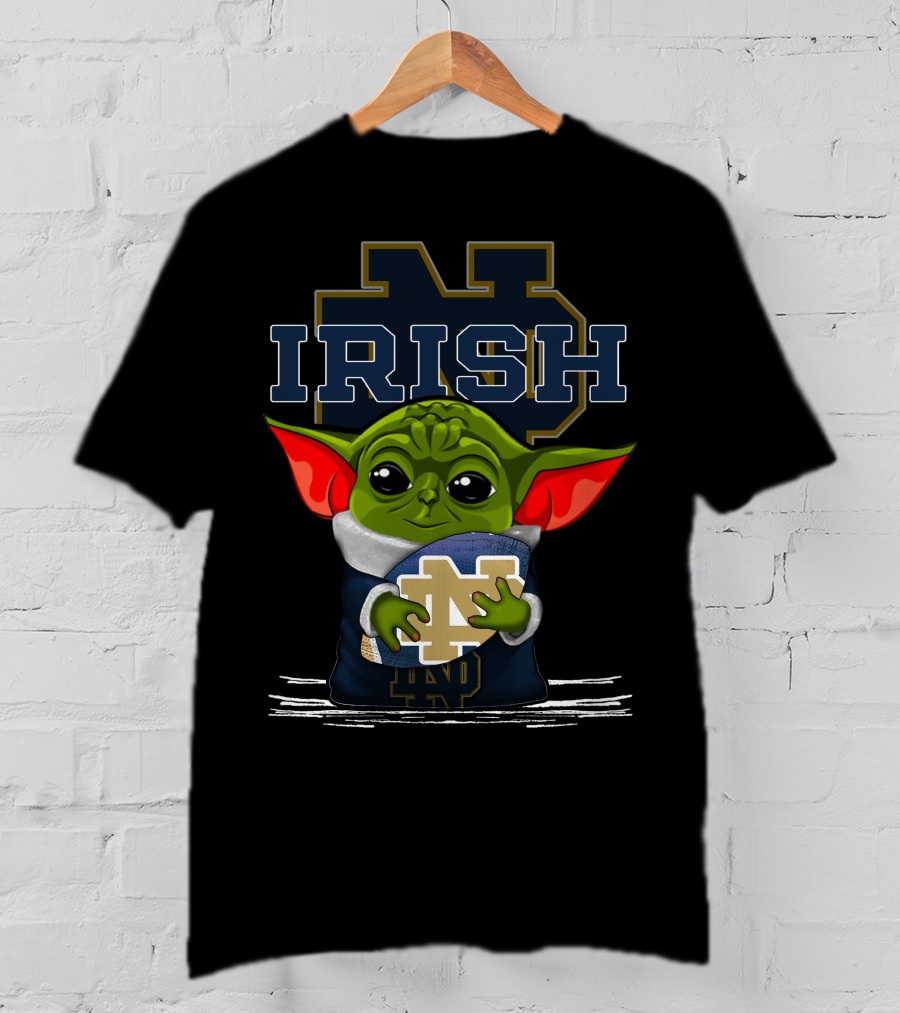 Yoda Notre Dame Irish Baby Holding Notre Dame Football T-Shirt