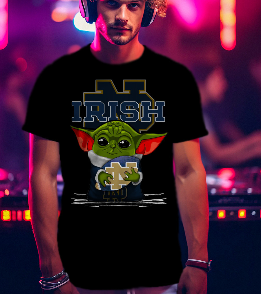 Yoda Notre Dame Irish Baby Holding Notre Dame Football T-Shirt