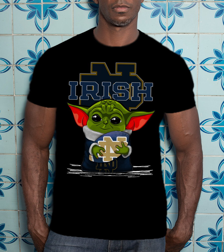 Yoda Notre Dame Irish Baby Holding Notre Dame Football T-Shirt