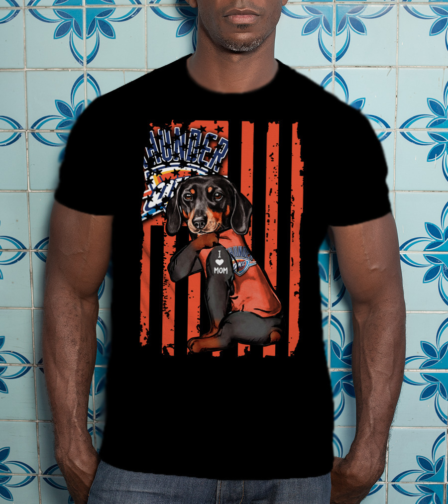 Dachshund Wearing Oklahoma City Thunder Shirt With I Love Mom Tag T-Shirt