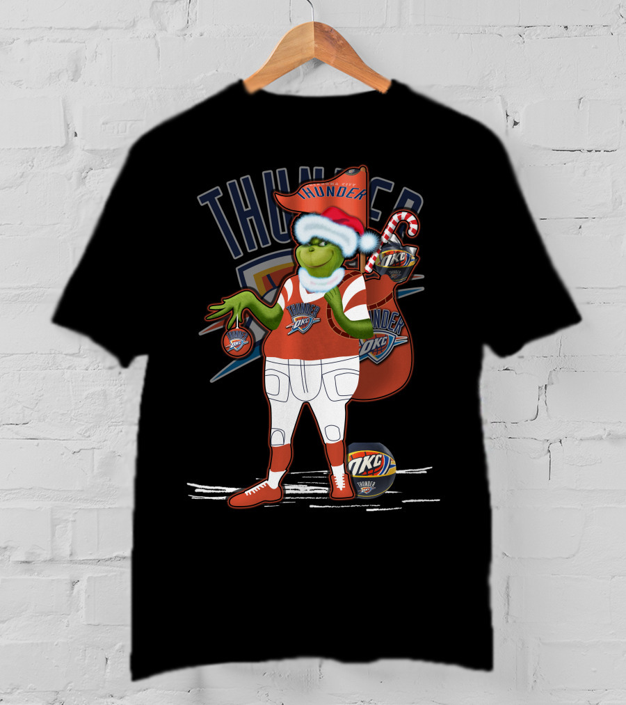 Grinchxmas Oklahoma City Thunder Holiday Basketball Character With Candy Cane And Santa Hat T-Shirt