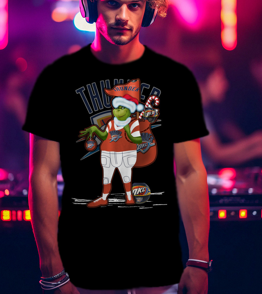 Grinchxmas Oklahoma City Thunder Holiday Basketball Character With Candy Cane And Santa Hat T-Shirt