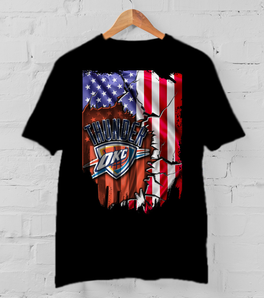 USA Flag Rip With Oklahoma City Thunder OKC Basketball T-Shirt