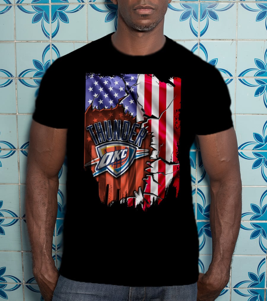 USA Flag Rip With Oklahoma City Thunder OKC Basketball T-Shirt