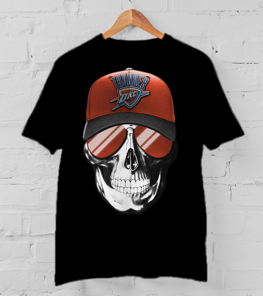 Skull With Oklahoma City Thunder Cap And Sunglasses T-Shirt