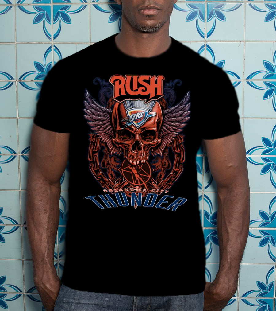 Rush Oklahoma City Thunder OKC Basketball Skull Wings Chain T-Shirt