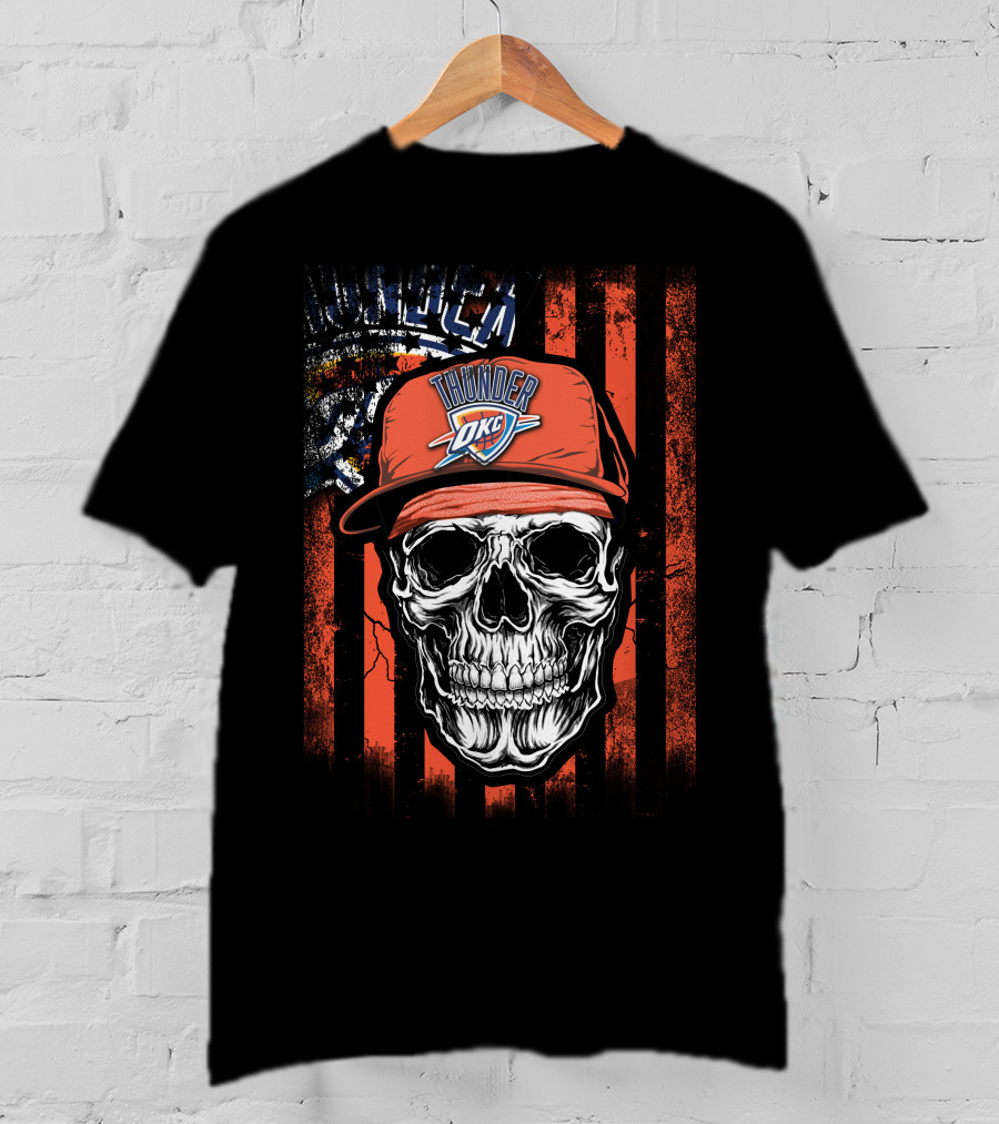 Skull Wearing Oklahoma City Thunder Cap With OKC Logo On T-Shirt
