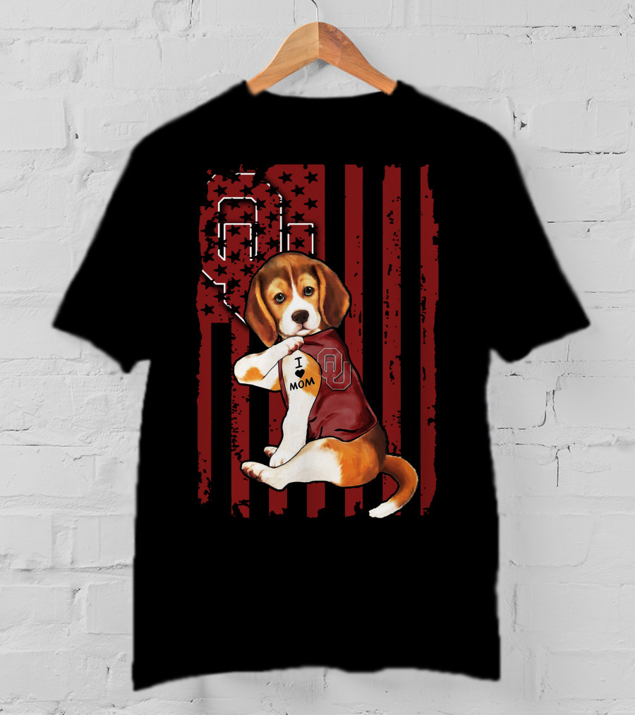 Beagle Puppy I Love Mom Oklahoma Sooners OU Red Stripes Stars T-Shirt