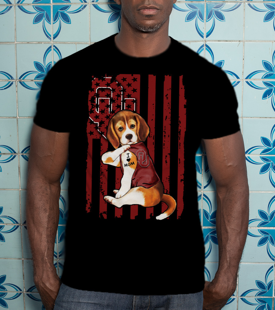 Beagle Puppy I Love Mom Oklahoma Sooners OU Red Stripes Stars T-Shirt