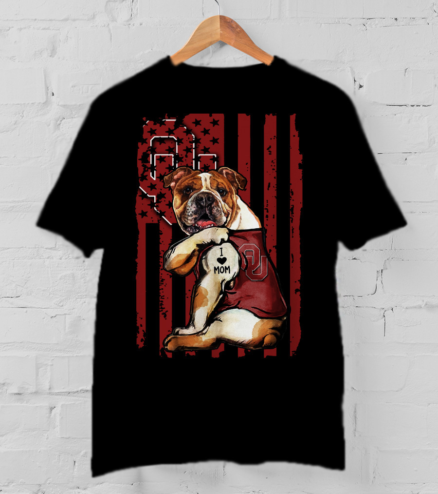Bulldog With Oklahoma Sooners Love For Mom In American Flag T-Shirt