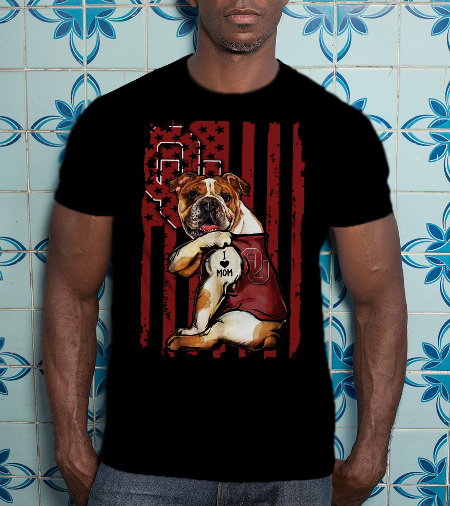 Bulldog With Oklahoma Sooners Love For Mom In American Flag T-Shirt
