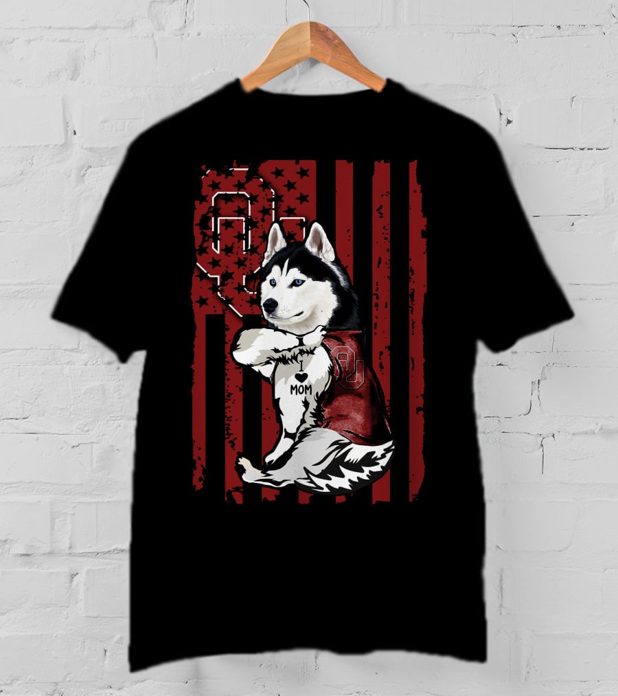 Siberian Husky Oklahoma Sooners Mom With American Flag And OU T-Shirt