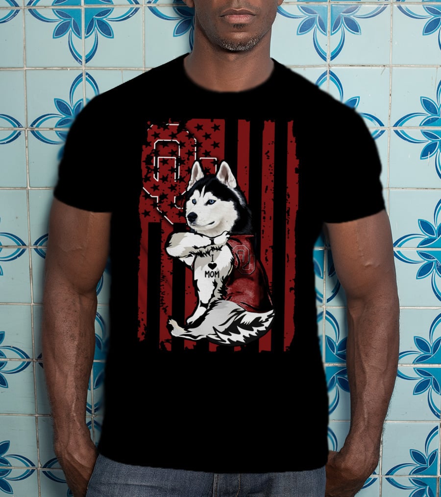 Siberian Husky Oklahoma Sooners Mom With American Flag And OU T-Shirt