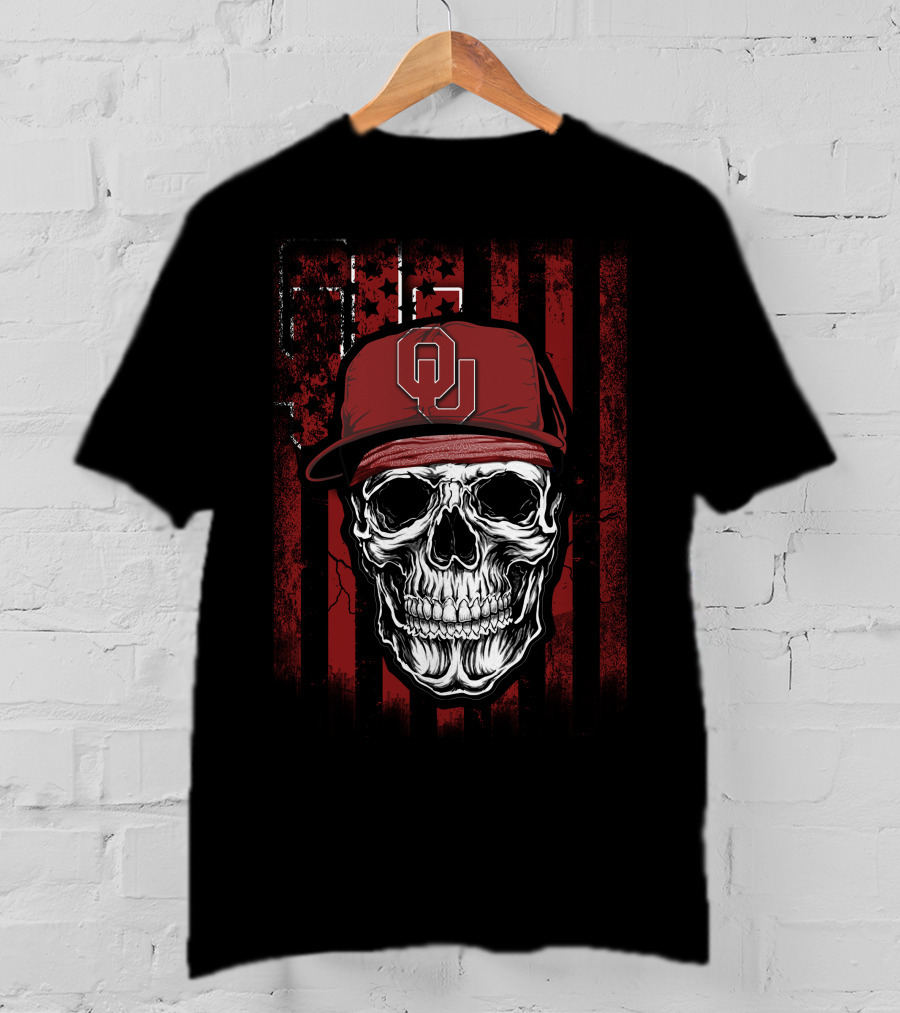Skull With Oklahoma Sooners OU Cap On Distressed Red And Black Flag Background T-Shirt
