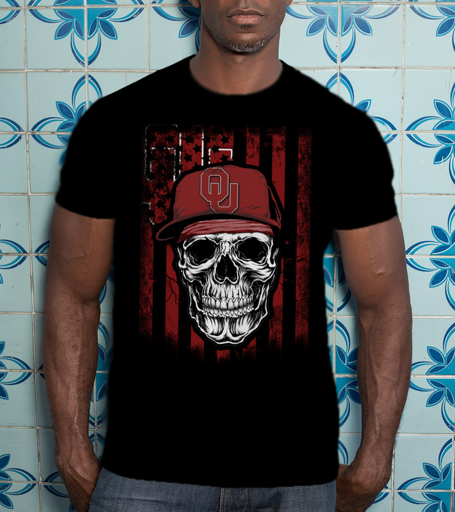 Skull With Oklahoma Sooners OU Cap On Distressed Red And Black Flag Background T-Shirt
