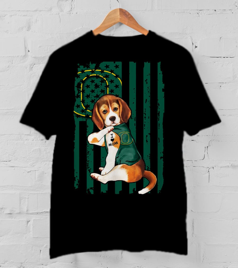 Beagle I Love Mom Oregon Ducks American Flag T-Shirt