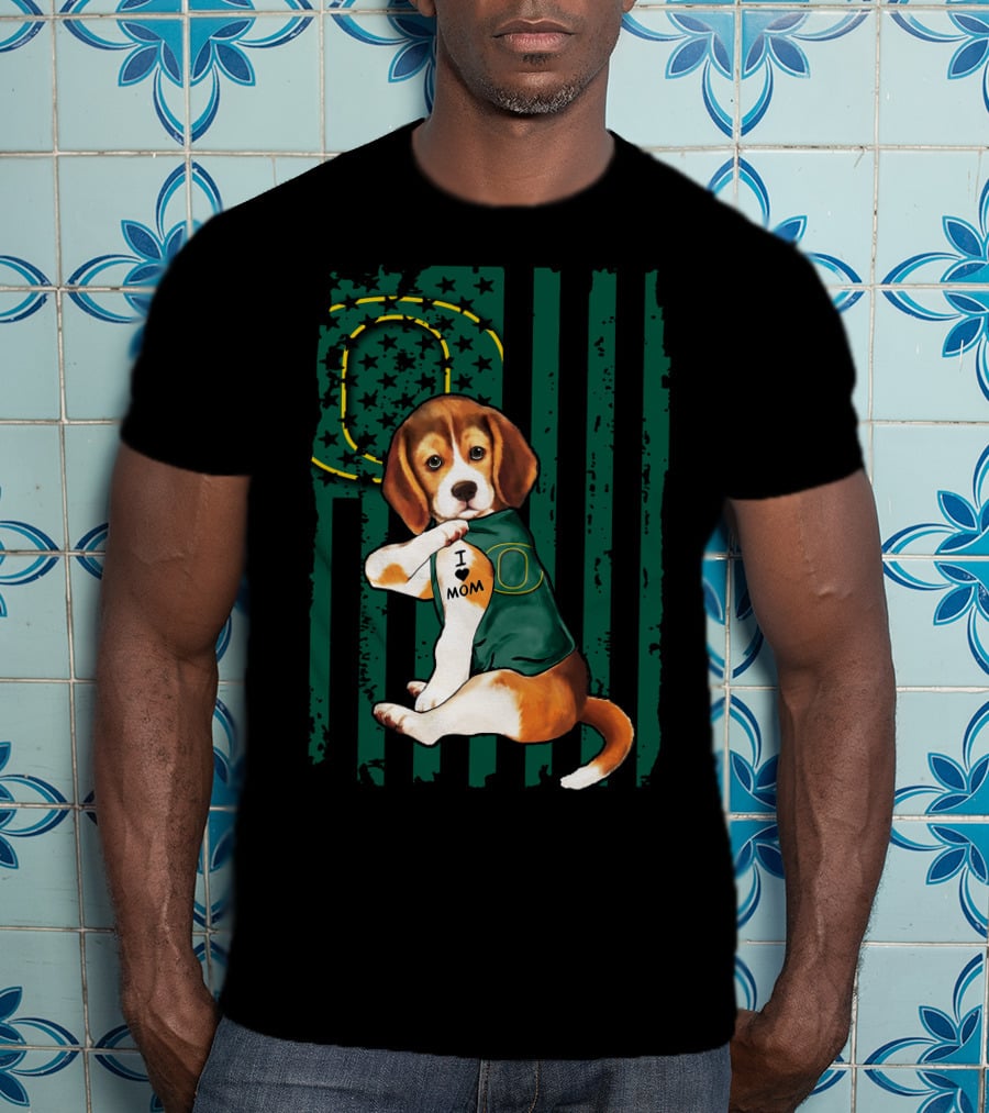Beagle I Love Mom Oregon Ducks American Flag T-Shirt