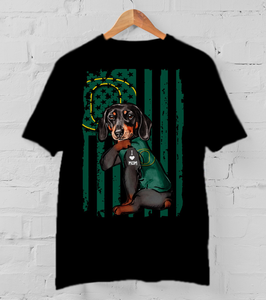 Dachshund I Love Mom Oregon Ducks American Flag T-Shirt