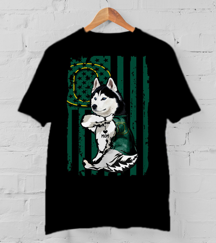 Siberian Husky Oregon Ducks I Love Mom Flag And Stars T-Shirt