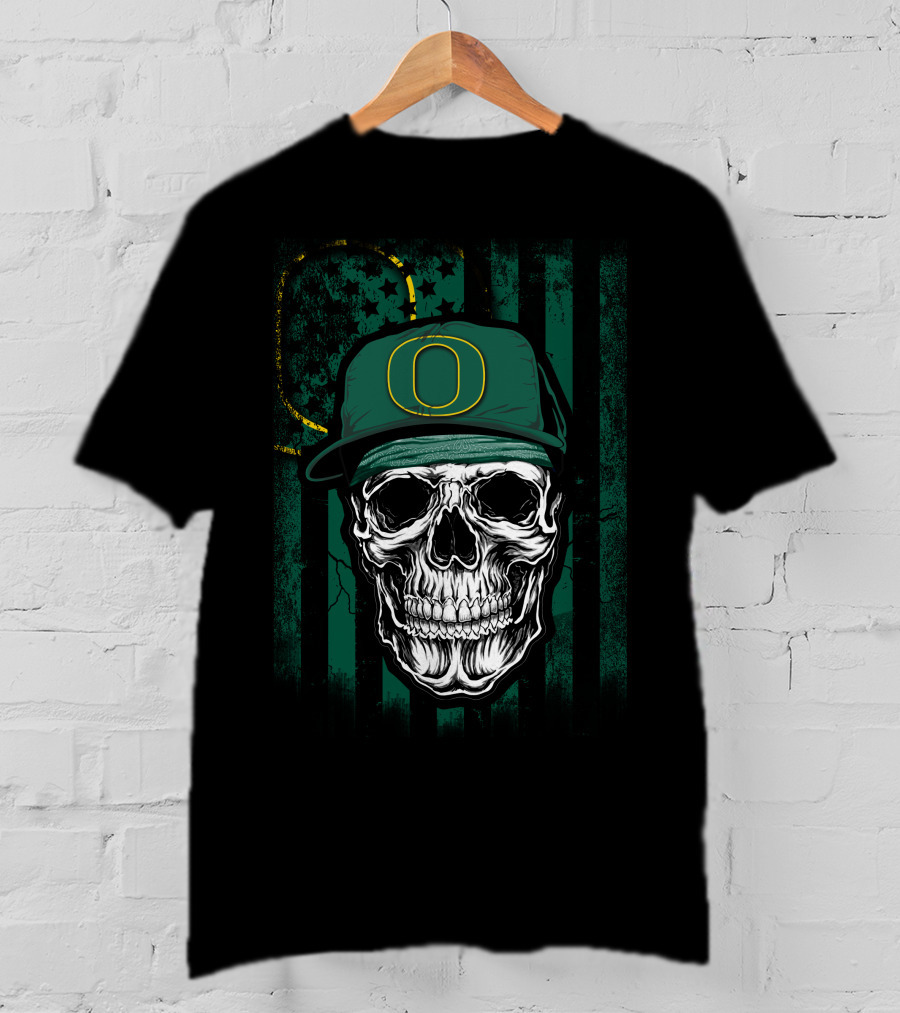 Skull With Oregon Ducks Cap On Green T-Shirt