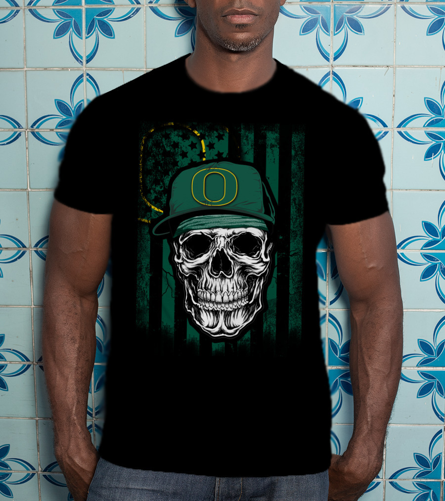 Skull With Oregon Ducks Cap On Green T-Shirt