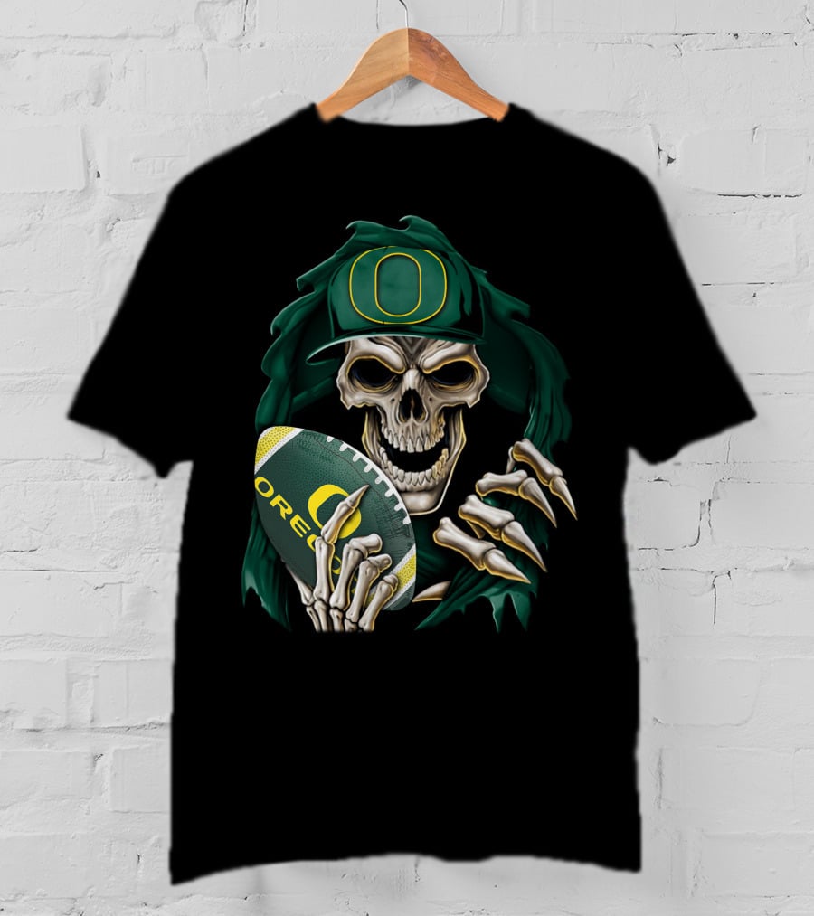 Skullbong Oregon Ducks Skeleton Holding Football T-Shirt