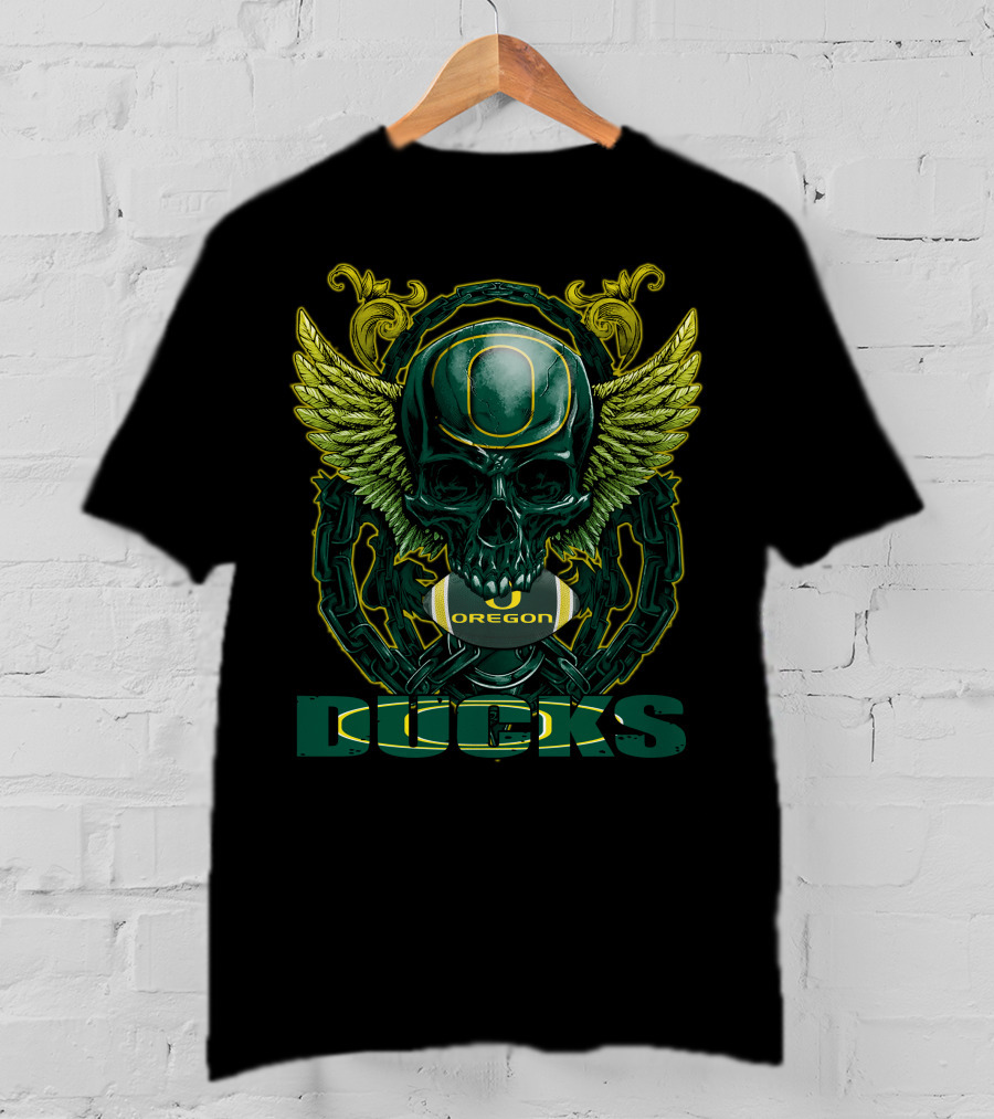 SkullFB Oregon Ducks Football Skull Design With Wings And Chains T-Shirt