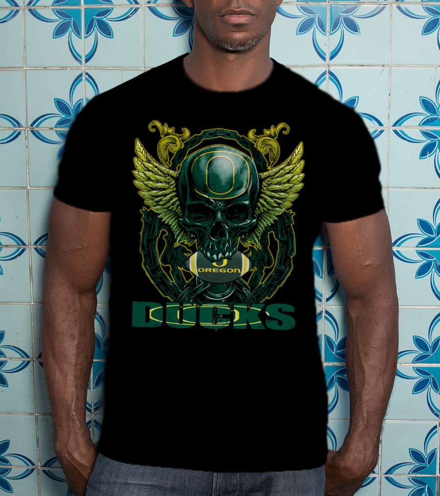 SkullFB Oregon Ducks Football Skull Design With Wings And Chains T-Shirt