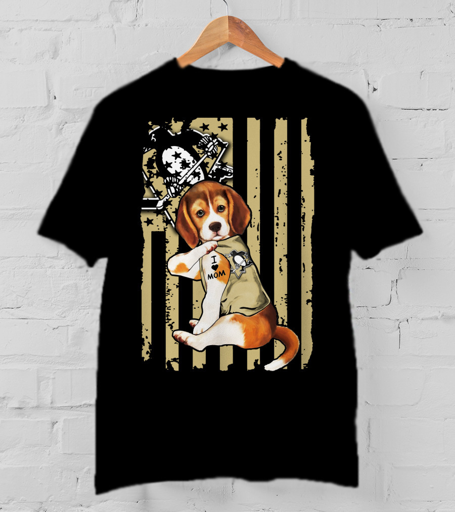 Beagle I Love Mom Pittsburgh Penguins American Flag T-Shirt