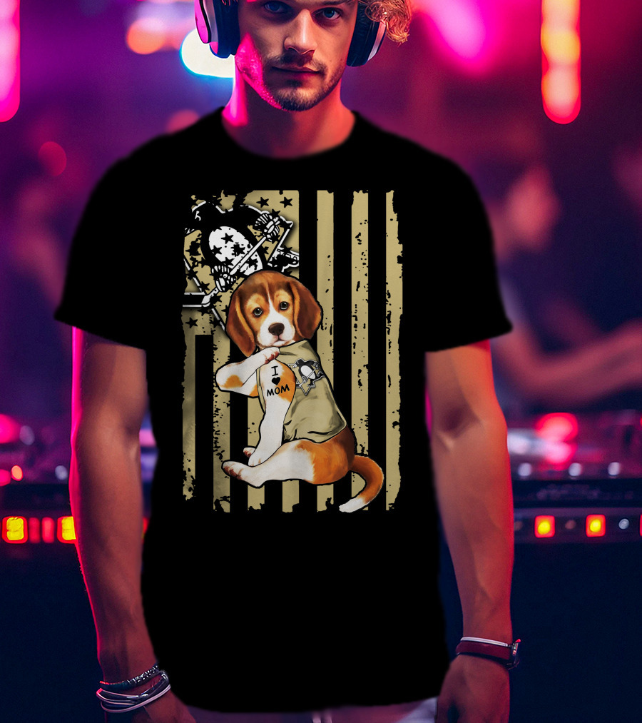 Beagle I Love Mom Pittsburgh Penguins American Flag T-Shirt