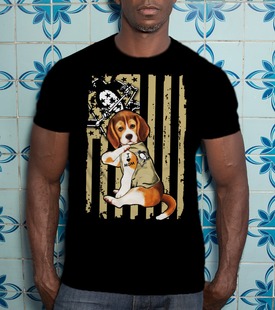 Beagle I Love Mom Pittsburgh Penguins American Flag T-Shirt