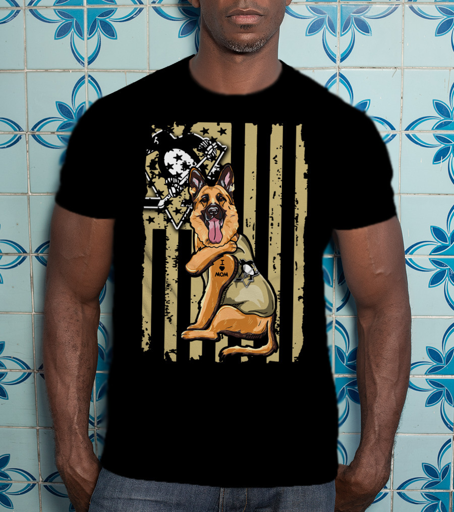 German Shepherd I Love Mom Pittsburgh Penguins Flag T-Shirt