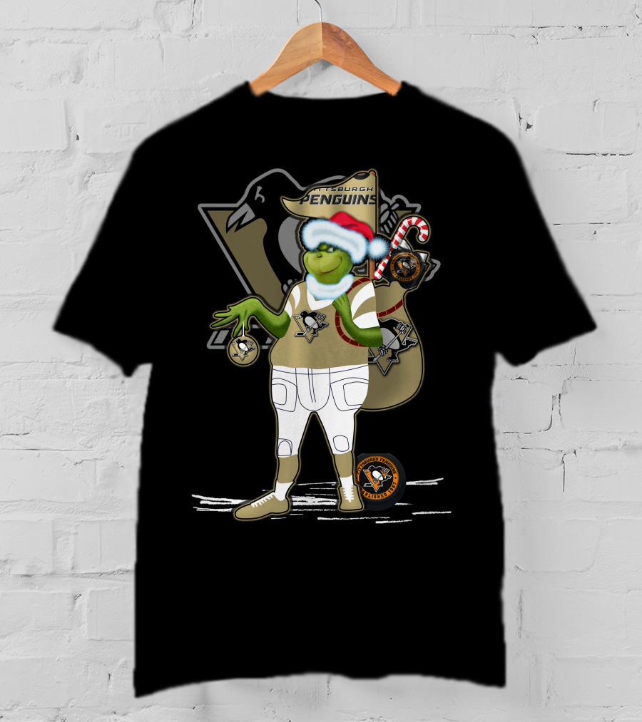 Grinchxmas Pittsburgh Penguins Holiday Mashup With Logo And Santa Hat T-Shirt