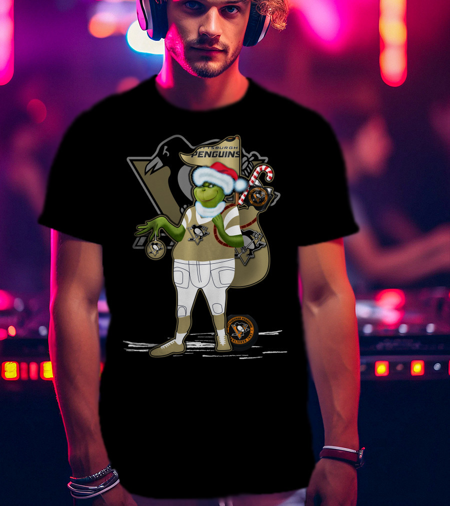 Grinchxmas Pittsburgh Penguins Holiday Mashup With Logo And Santa Hat T-Shirt