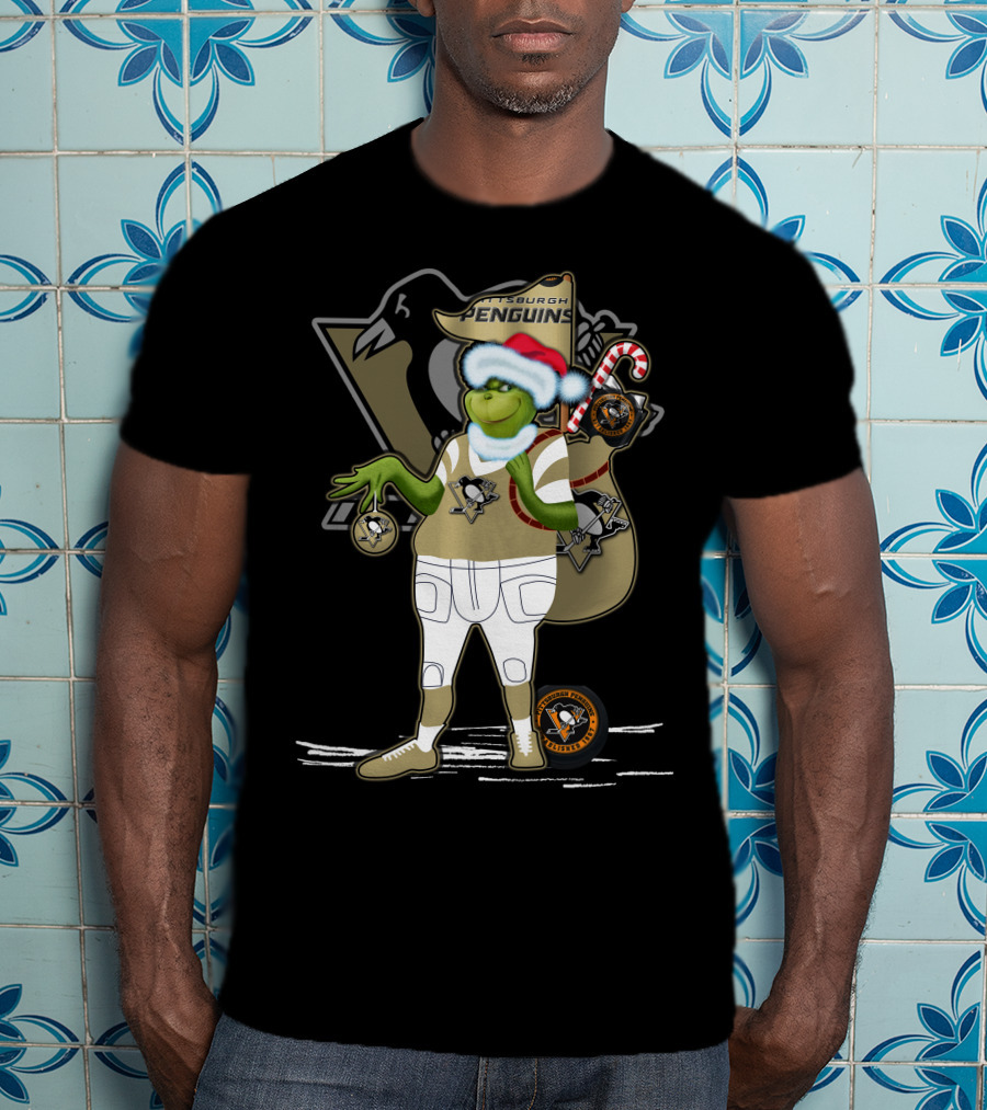 Grinchxmas Pittsburgh Penguins Holiday Mashup With Logo And Santa Hat T-Shirt
