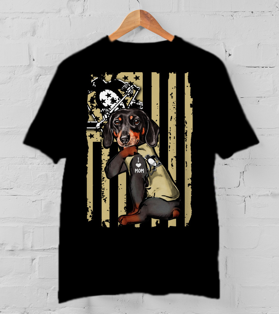 Pittsburgh Penguins Dachshund I Love Mom American Flag T-Shirt
