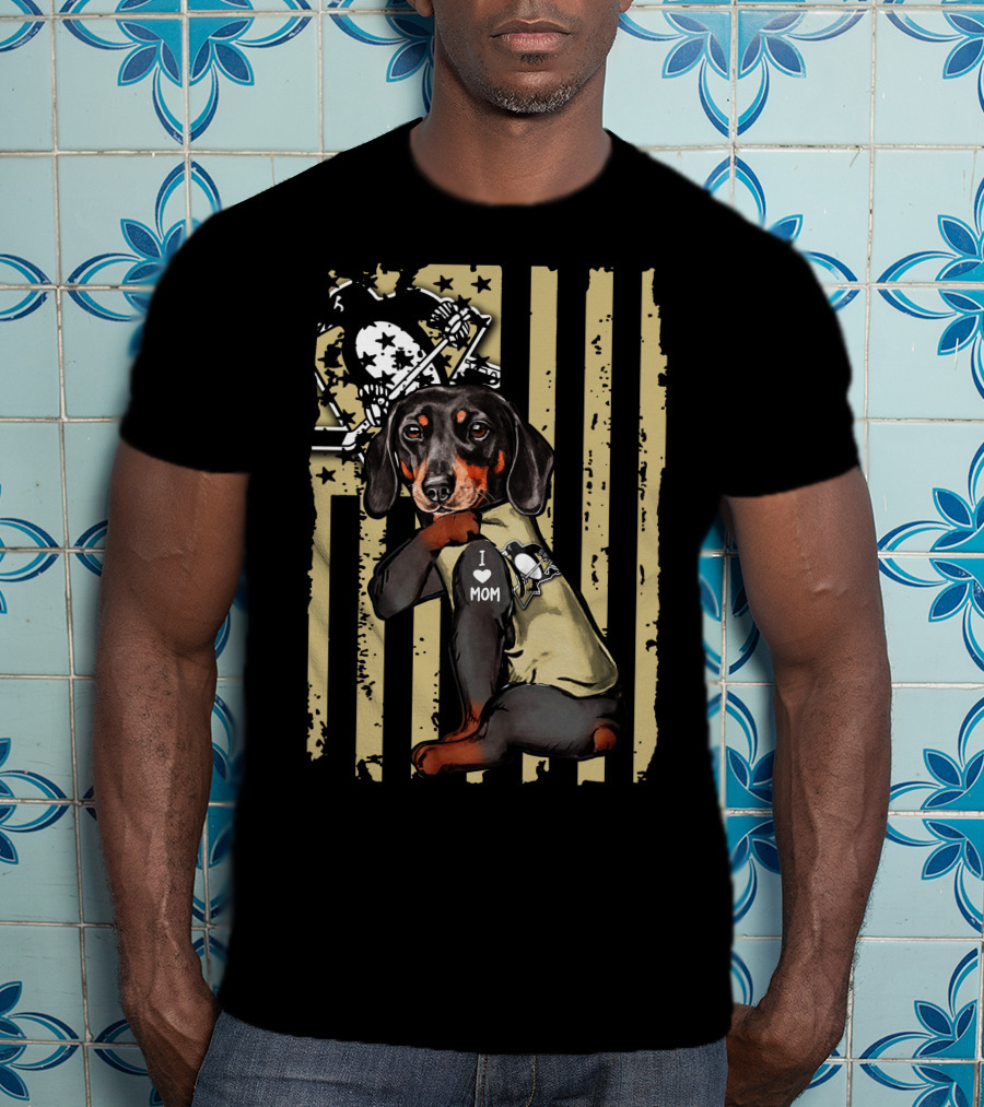 Pittsburgh Penguins Dachshund I Love Mom American Flag T-Shirt