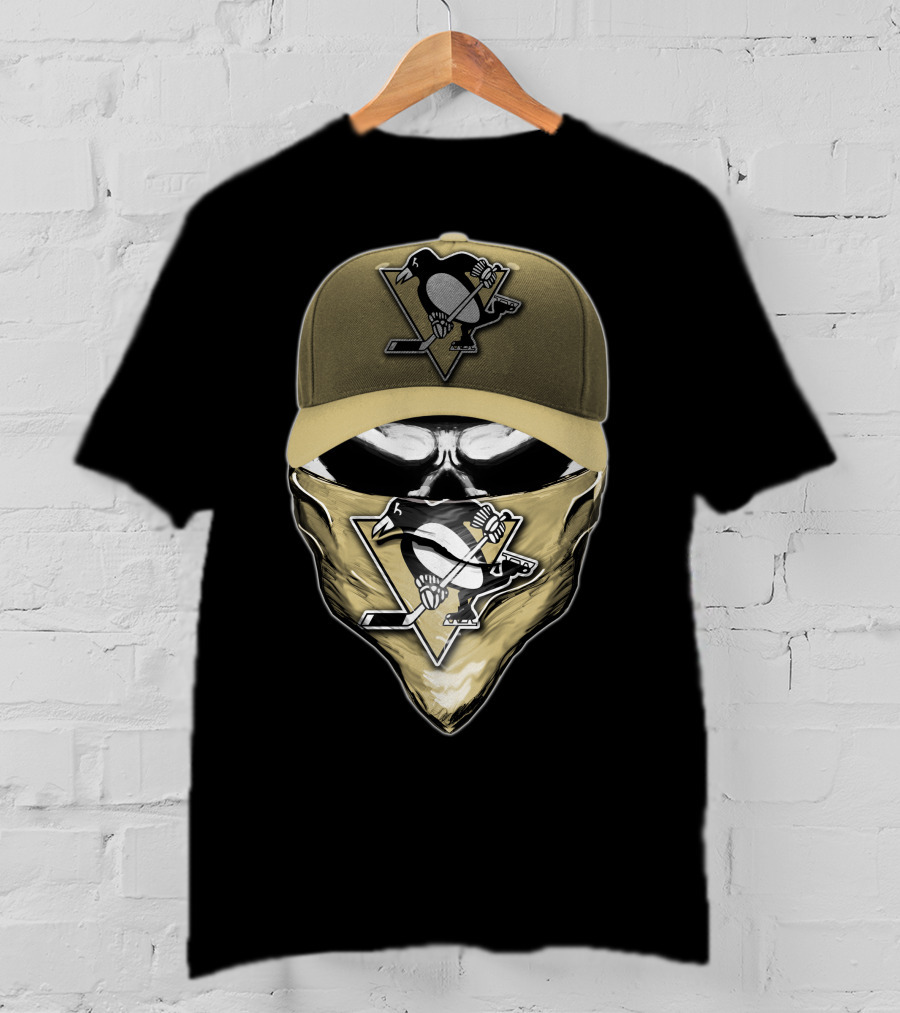 Skull With Pittsburgh Penguins Logo Hat And Bandana T-Shirt