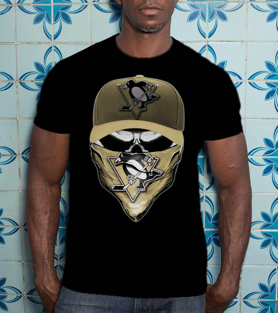 Skull With Pittsburgh Penguins Logo Hat And Bandana T-Shirt