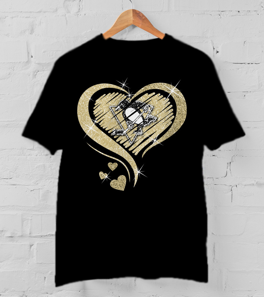 Heart Diamond Pittsburgh Penguins Logo Gold Sparkle T-Shirt
