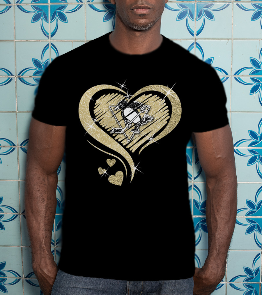 Heart Diamond Pittsburgh Penguins Logo Gold Sparkle T-Shirt
