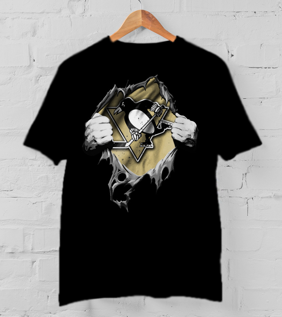 Pittsburgh Penguins Torn Hockey Logo With Ripped Hands T-Shirt