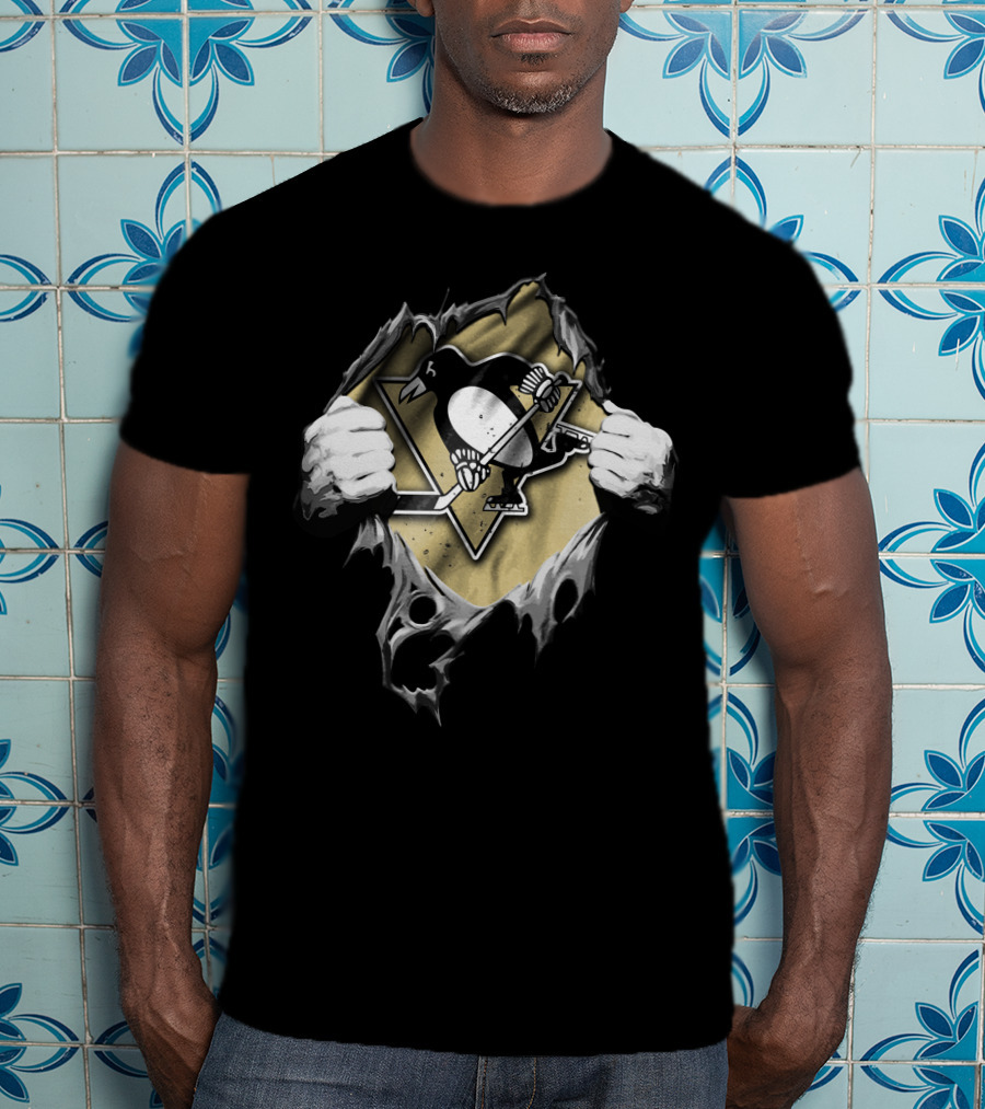 Pittsburgh Penguins Torn Hockey Logo With Ripped Hands T-Shirt