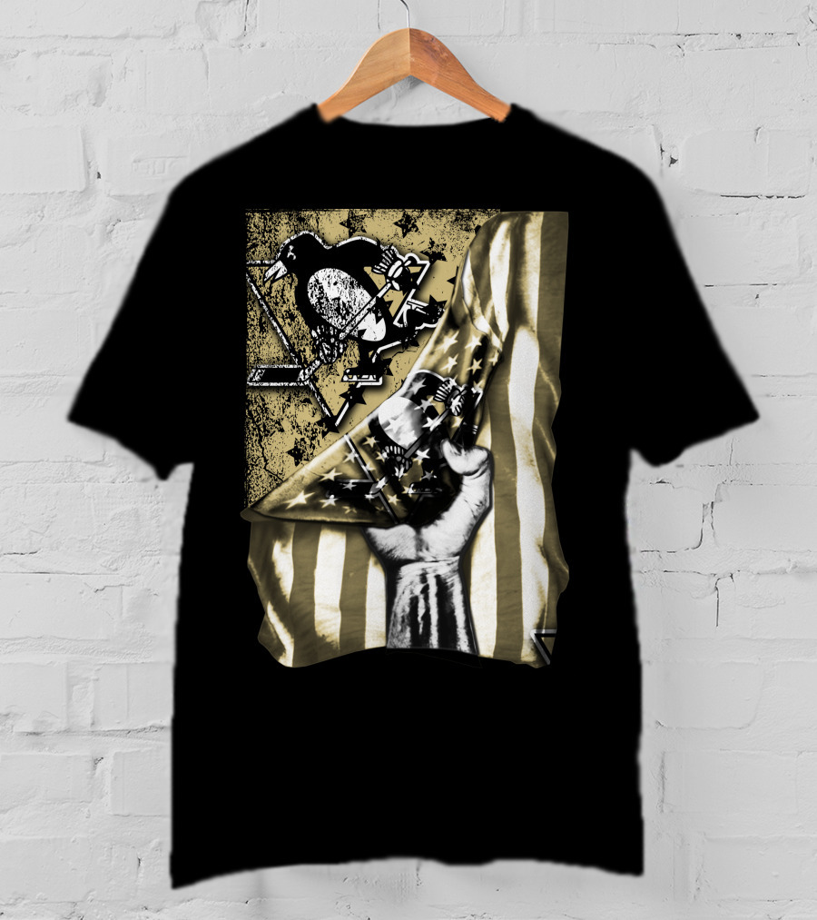 Pittsburgh Penguins Logo With American Flag And Raised Fist T-Shirt