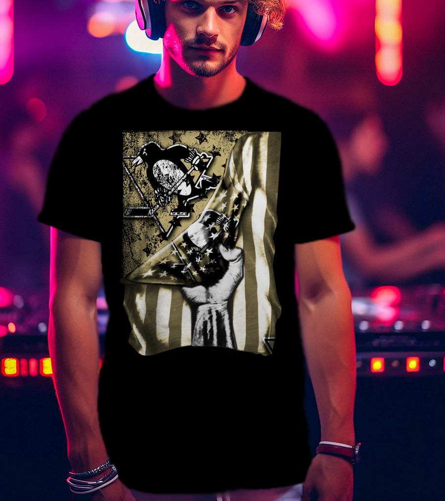 Pittsburgh Penguins Logo With American Flag And Raised Fist T-Shirt
