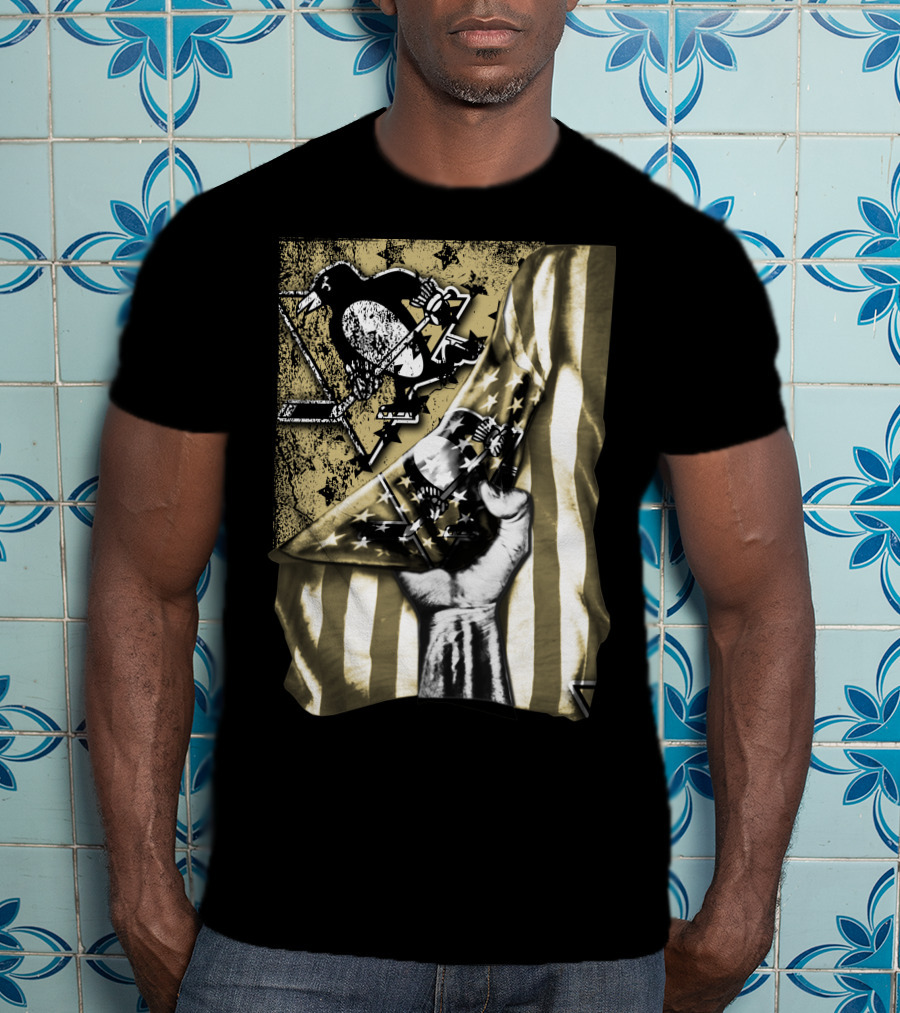 Pittsburgh Penguins Logo With American Flag And Raised Fist T-Shirt