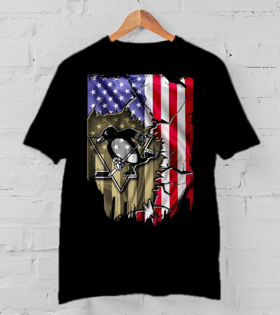 Pittsburgh Penguins American Flag Ripped Background T-Shirt