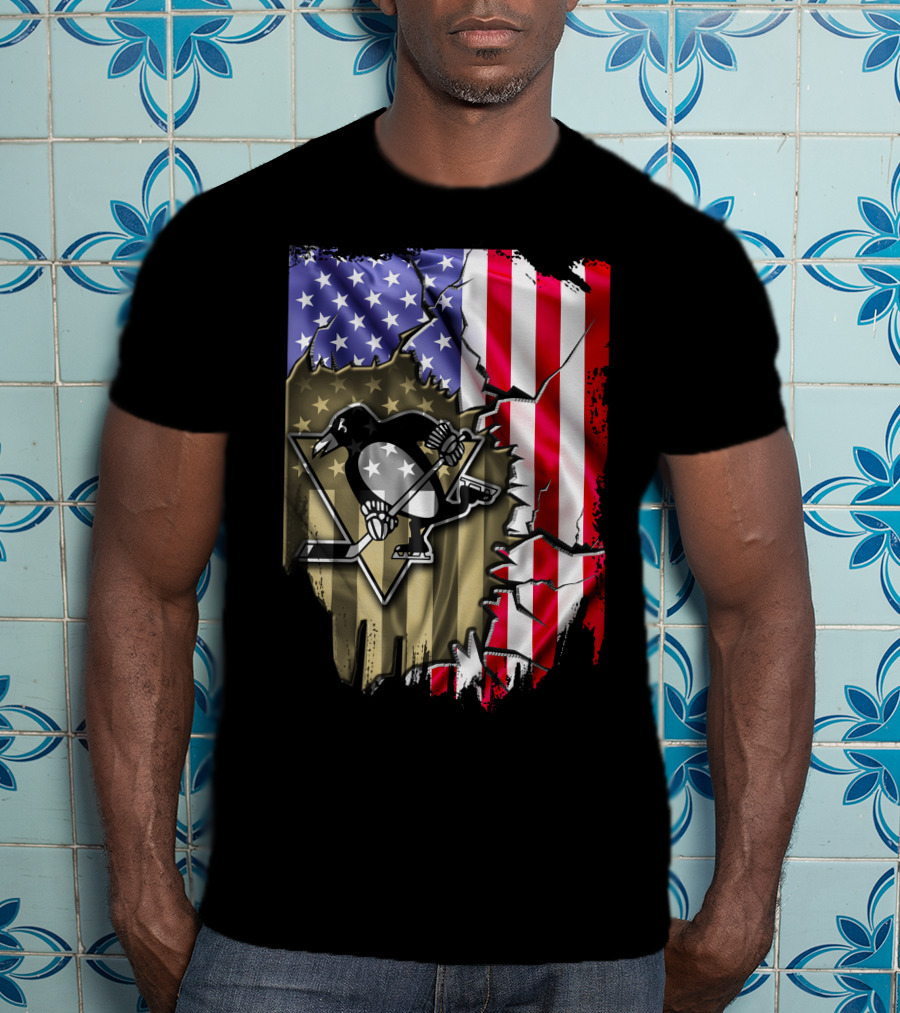 Pittsburgh Penguins American Flag Ripped Background T-Shirt